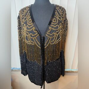AJ Valenci 100% silk beaded evening jacket black gold embellishments fringe